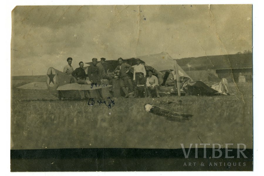 фотография, советские авиаторы, авария самолета, СССР, начало 20-го века, 10x6,8 см