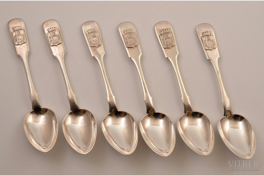 set of soup spoons, silver, 6 pcs, with the emblem of Riga, 84 standard, 415.9 g, 21.2 cm, 1893, Riga, Russia, perfect condition