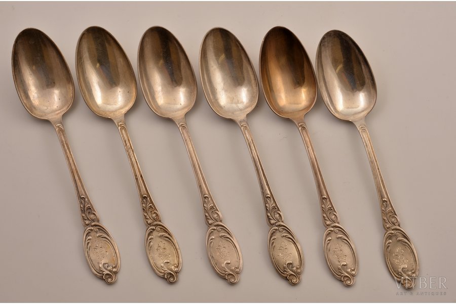 set of soup spoons, silver, 6 pcs, 84 standard, 549.9 g, 21.8 cm, Ivan Khlebnikov factory, 1908-1917, Moscow, Russia