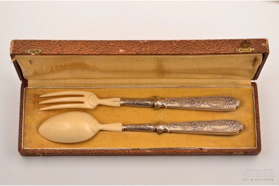 flatware set, silver, 2 items, 950 standard, total weight of items 128.20, bone, 28 / 28.2 cm, France, in a box