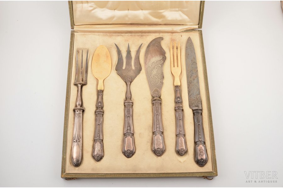 flatware set, silver, 6 items, 950 standard, total weight of items 684.95, metal, bone, 31.5 / 27.2 / 29 / 27.5 / 27.3 / 27.3 cm, France, in a box