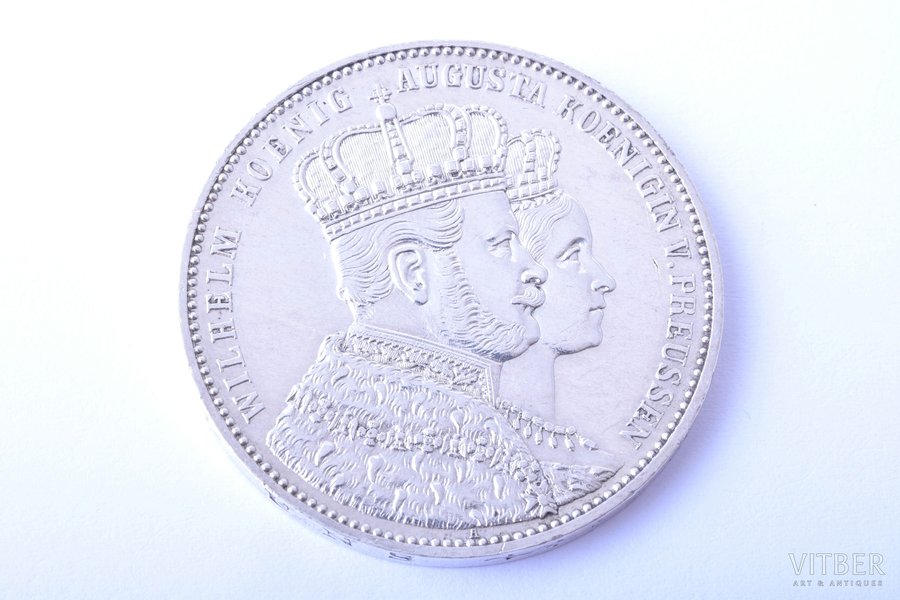 1 dālderis, 1861 g., Vilhelma un Augustas kronēšana, sudrabs, Prūsija, 18.48 g, Ø 33 mm, AU