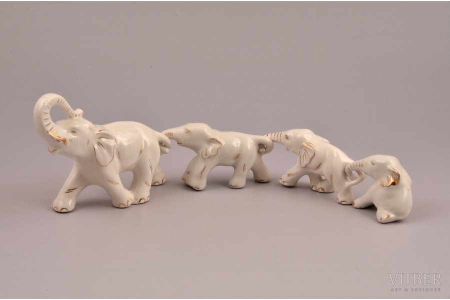 figurine, Elephants, porcelain, Riga (Latvia), USSR, Riga porcelain factory, the 70-80ies of 20th cent., h 9.1 / 4.5 / 4.4 / 4 cm