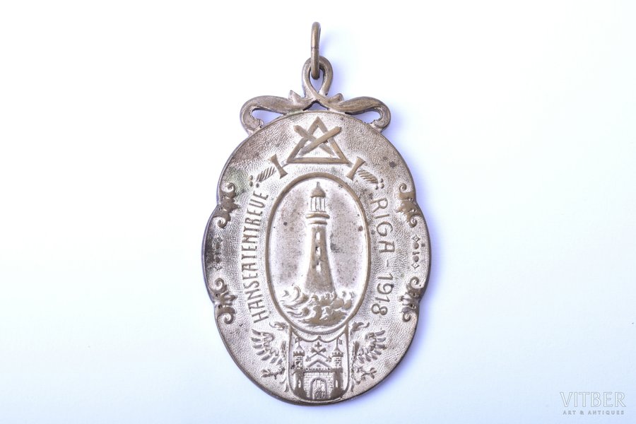 medal, Freemason lodge "Hanseatentreue", Riga-1918, bronze, Latvia, Russia, beginning of 20th cent., 68.5 x 45 mm