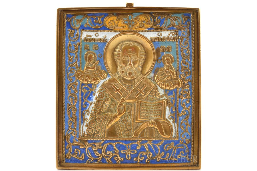 ikona, Svētais Nikolajs Brīnumdarītājs, vara sakausējuma, 5-krāsu emalja, Krievijas impērija, 19. un 20. gadsimtu robeža, 11.1 x 9.6 x 0.4 cm, 305.70 g.