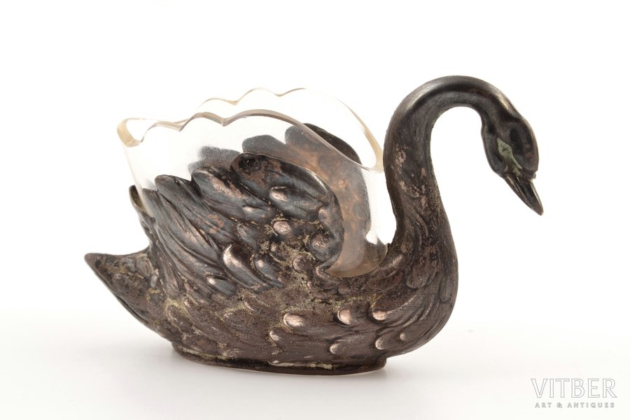 saltcellar, silver, "Swan", 875 standard, silver weight 13.30, with glass inner part, h 5 cm, the 20-30ties of 20th cent., Latvia