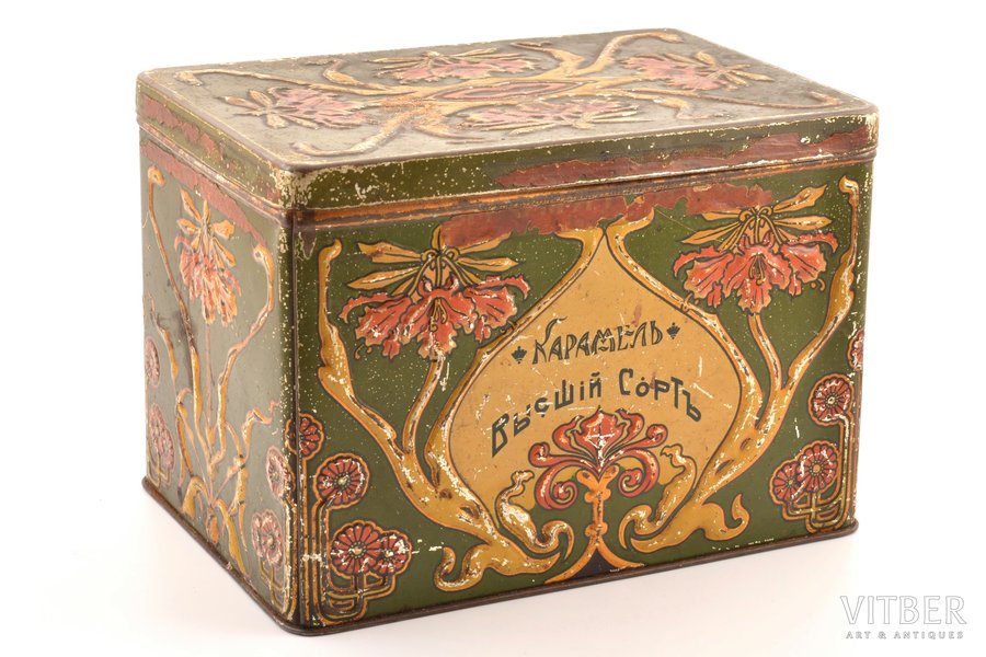 konfekšu kastīte, Karameles, augstākā šķira, skārds, Krievijas impērija, 20. gs. sākums, 17.2 x 24.2 x 16.6 cm
