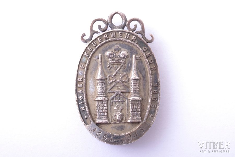 badge, 50th anniversary of the Riga Firemen society, 1865-1915, silver, gold, Latvia, Russia, 1915, 40.5 x 25.8 mm, 19.90 g