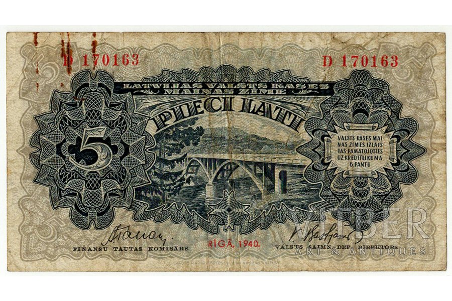 5 lati, banknote, 1940 g., Latvija, F