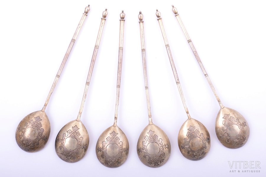 set of 6 teaspoons, silver, 84 standart, engraving, 1880-1899, 97.60 g, Moscow, Russia, 13.6 cm