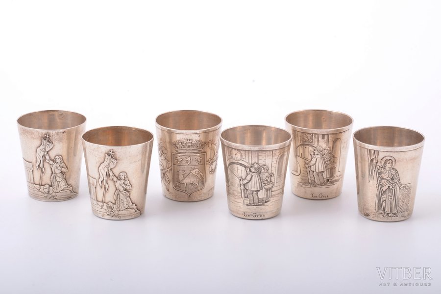 set of 6 beakers, silver, 950 standard, 136.05 g, engraving, h 4 cm, France