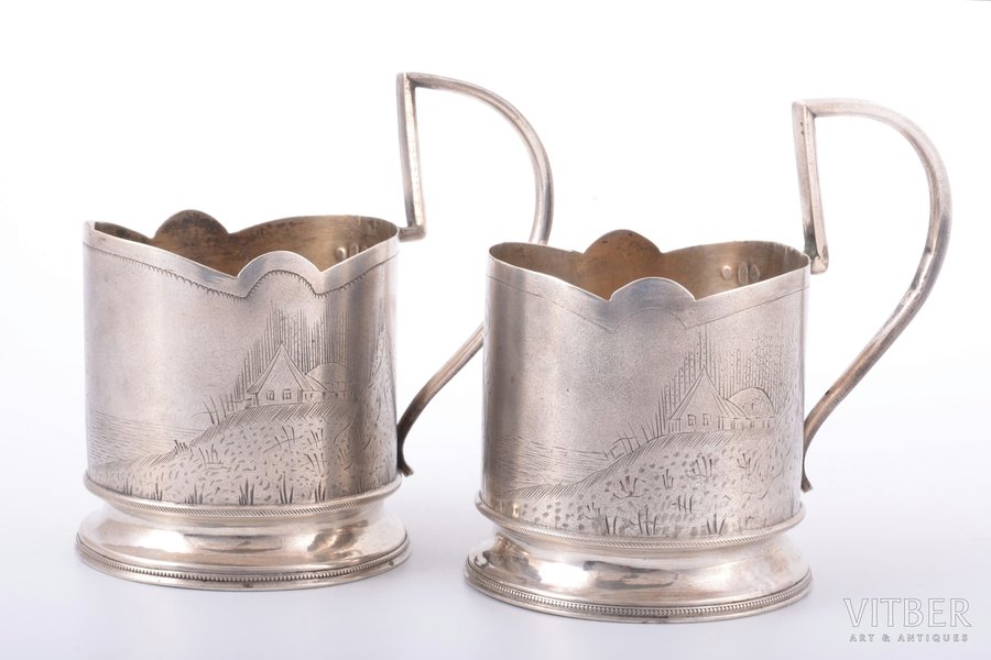 pair of tea glass-holders, silver, 84 standard, 207.35 g, engraving, h (with handle) 10.3 cm, Ø (inside) 6.5 cm, 1908-1917, Kostroma, Russia