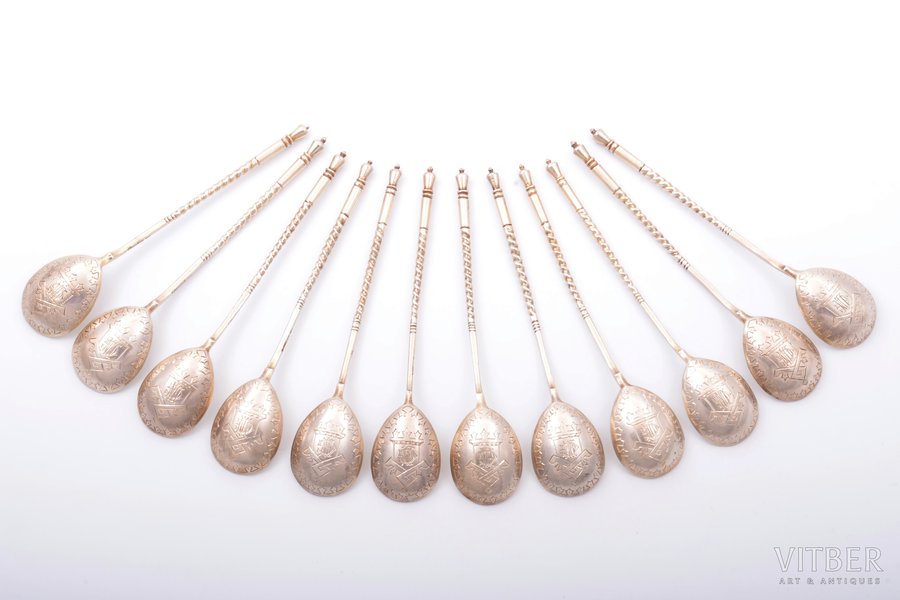 set of 12 teaspoons, silver, 84 standart, engraving, 1885, 265.95 g, workshop of Ivan Alexeyev, Moscow, Russia, 15.1 cm