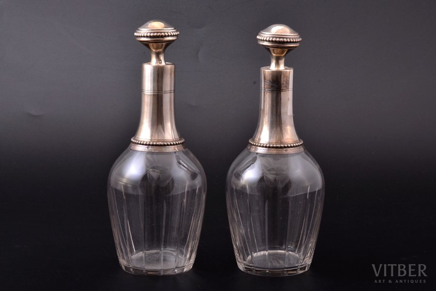 a pair of carafes, silver, 950 standard, glass, h (with stopper) 19 cm, France