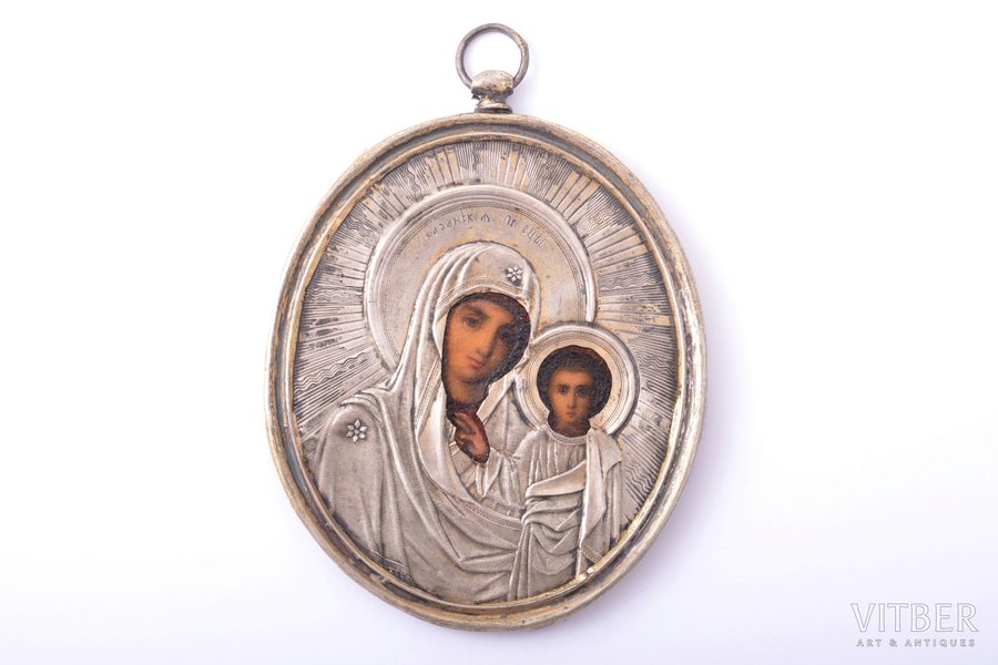 icon, Our Lady of Kazan, silver, painting, 84 standard, by Grigoriy Sbitnev, Russia, the end of the 19th century, 9.7 x 7.6 x 0.3 cm