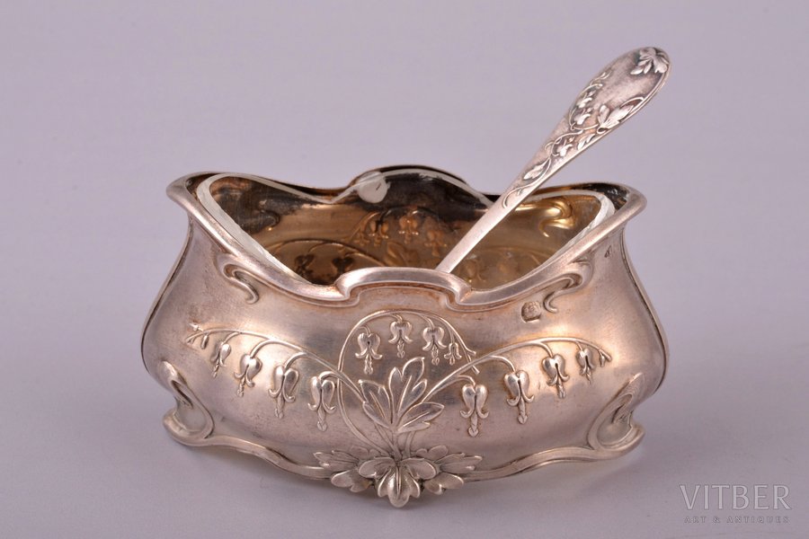 saltcellar with spoon, Art Nouveau, silver, 950 standart, glass, silver weight 19.35g, France, saltcellar 3.4 x 6.7 x 4.2 cm, spoon 7.1 cm