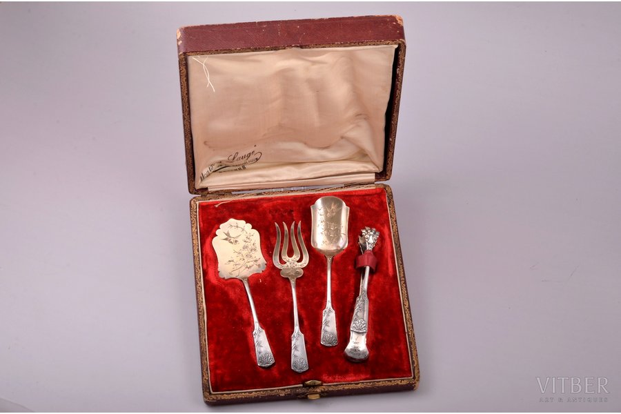 flatware set, silver, 4 pcs., 950 standard, 97.50 g, engraving, 12 - 13.7 cm, V. Boivin, the border of the 19th and the 20th centuries, Paris, France, in a box