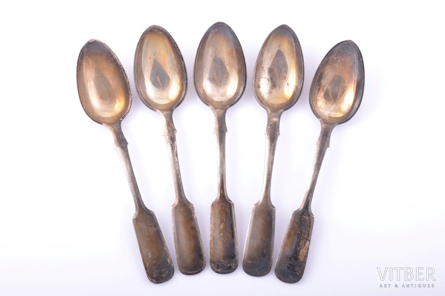 set of 5 teaspoons, silver, 84 standart, 1908-1917, 108.85 g, Riga, Russia, 13.9 cm