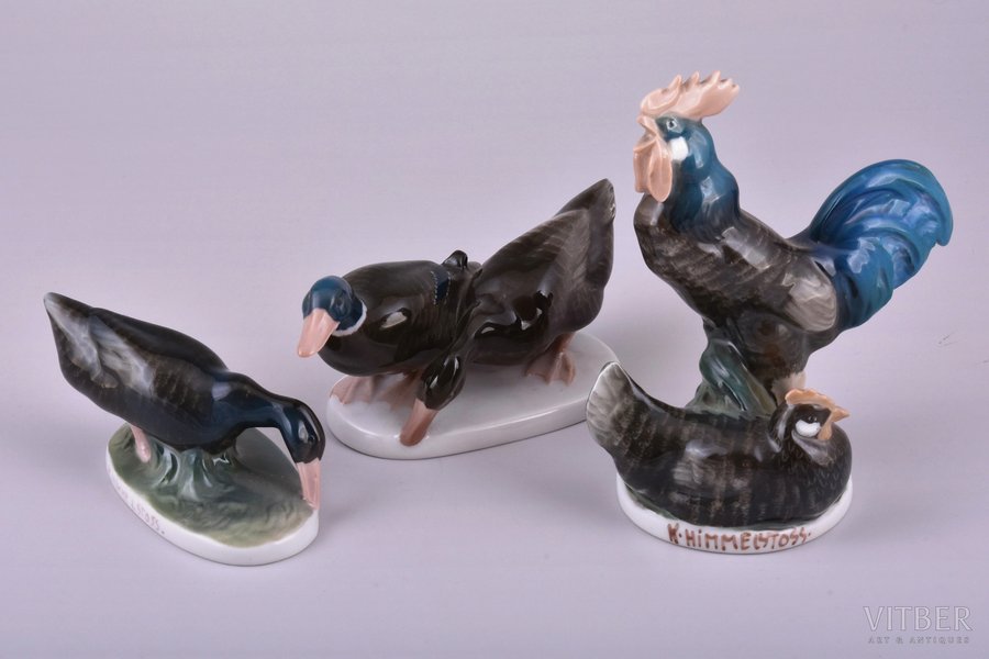 set of 3 figurines, "Ducks, Rooster and Hen", porcelain, Germany, Rosenthal, sculpture's work, by Karl Himmelstoss, the beginning of the 20th cent., h 12 - 3.5 cm