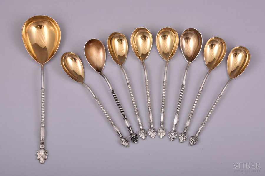 set of spoons, 1+8 pcs., silver, 875 standart, gilding, the 50-60ies of 20th cent., 232.60 g, Tallinn Jewelry Factory, Dzerzhinsky factory of cutlery and crockery, Kiev, Tallin, USSR, 19.2 / 14.5 cm, spoons from two different sets (different hallmarks)