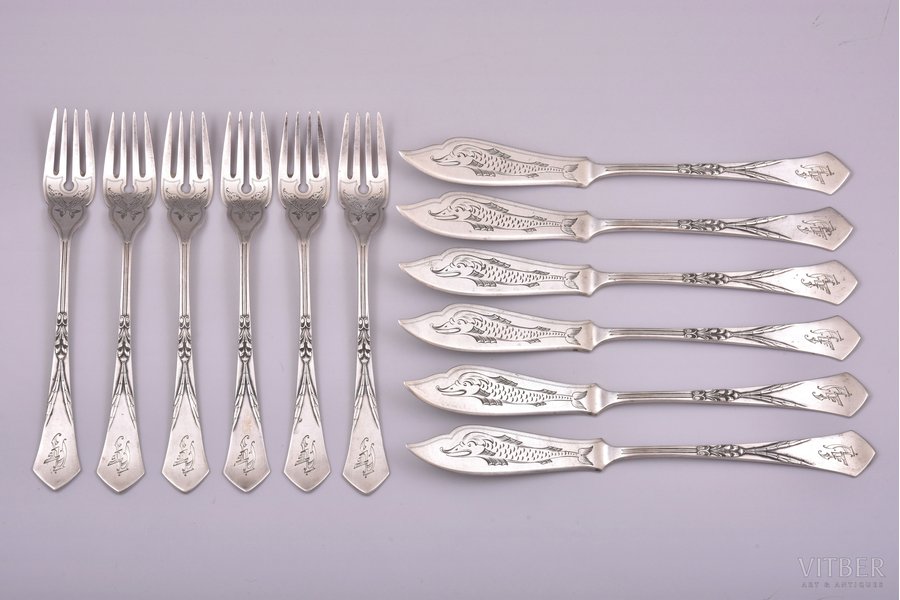 flatware set, 12 items (6 fish knives and 6 fish forks), silver, 84 standart, engraving, 1908-1917, 620.90 g, Riga, Russia, 21.5 - 18.1 cm
