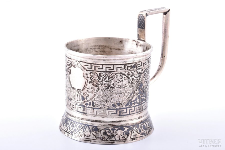 tea glass-holder, silver, "Caucasus", 84 standard, 116.05 g, niello enamel, h (with handle) 9 cm, Ø (inside) 6.4 cm, Kiev, Russia
