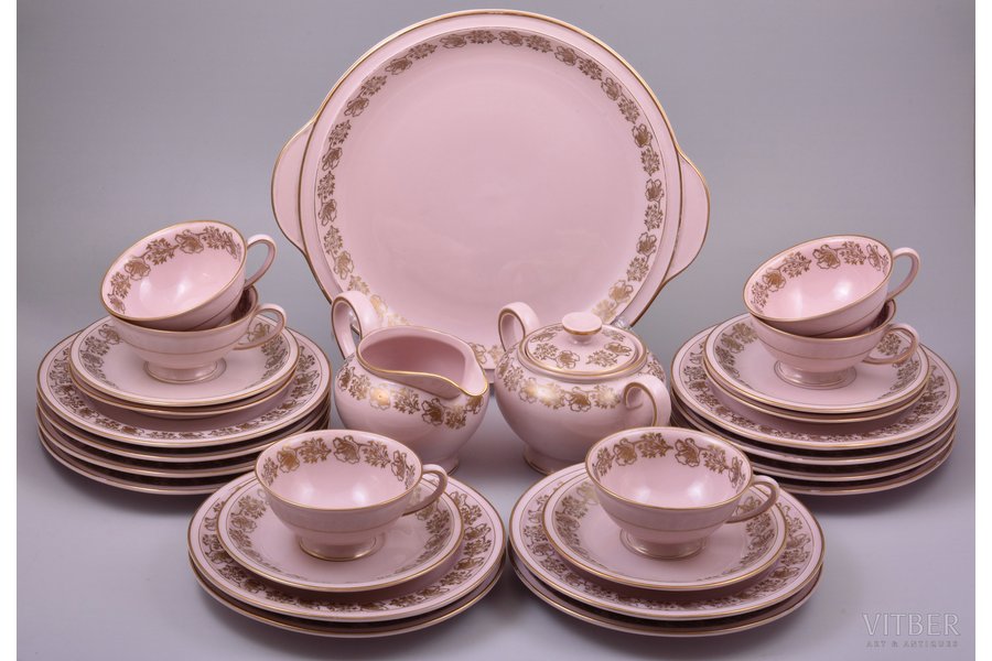 service, for 6 persons (27 items), porcelain (pink color mass), M.S. Kuznetsov manufactory, Riga (Latvia), 1934-1940, plates Ø20 cm, Ø15.5 cm, serving plate 30.7 x 27.3 cm, cup height 5.3 cm, second grade