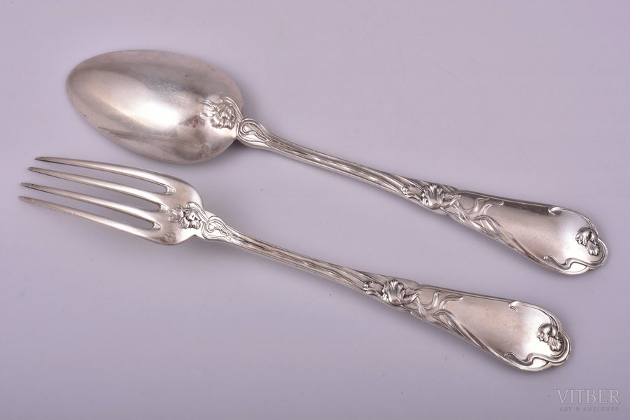 set of spoon and fork, Art-Nouveau, silver, 950 standart, 1876-1899, 153.70 g, Adolphe Boulenger, Paris, France, 22.1 / 22 cm