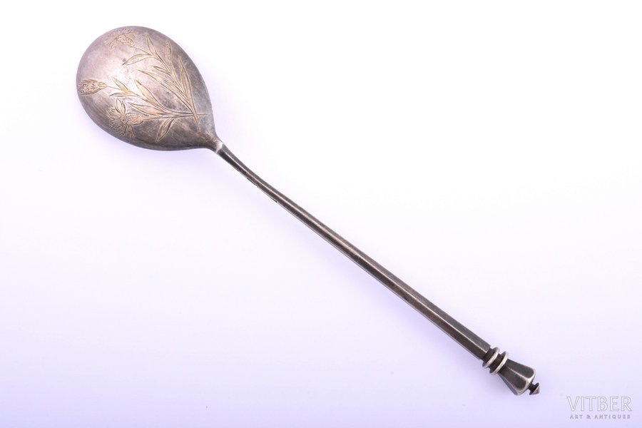 teaspoon, silver, 84 standard, 30.70 g, engraving, 15 cm, Nemirov-Kolodkin Manufacturing and Trading Association, 1896, Moscow, Russia