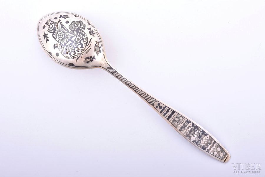 spoon, silver, 875 standard, 57.85 g, niello enamel, 19.7 cm, artel "Severnaya Chern", 1971, USSR