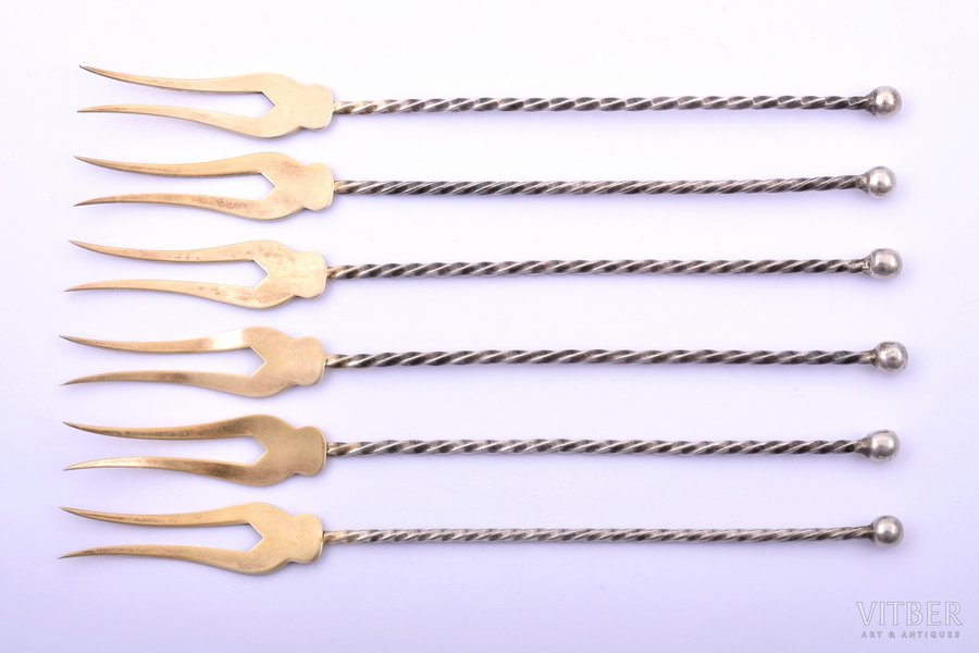 set of 6 lemon forks, silver, 875 standart, gilding, 1960-1961, 75.75 g, Tbilisi Jewelry Factory, Tbilisi, USSR, 17.2 cm