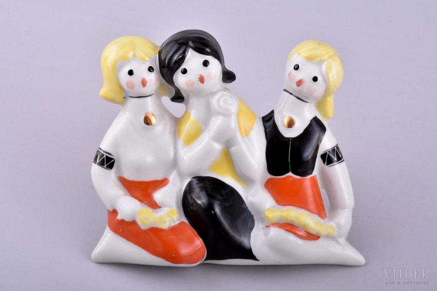figurine, wall decoration - Three girls, porcelain, Riga (Latvia), USSR, Riga porcelain factory, the 50ies of 20th cent., 8.5 x 10 cm, first grade