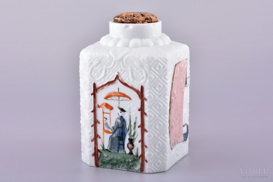 tea-caddy, "Чай кяхтинский", milk glass, oriental theme, Russia, the beginning of the 20th cent., h 12.8 cm, missing lid, chips on the neck
