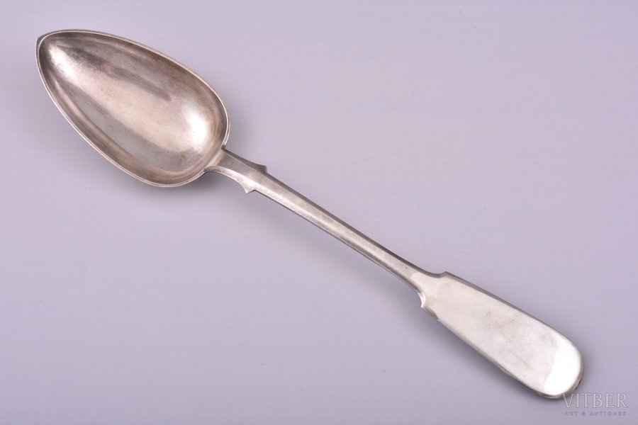 spoon (large size), silver, 84 standart, 1887, 129.40 g, by Carl Theodor Beyermann, Riga, Russia, 29.2 cm