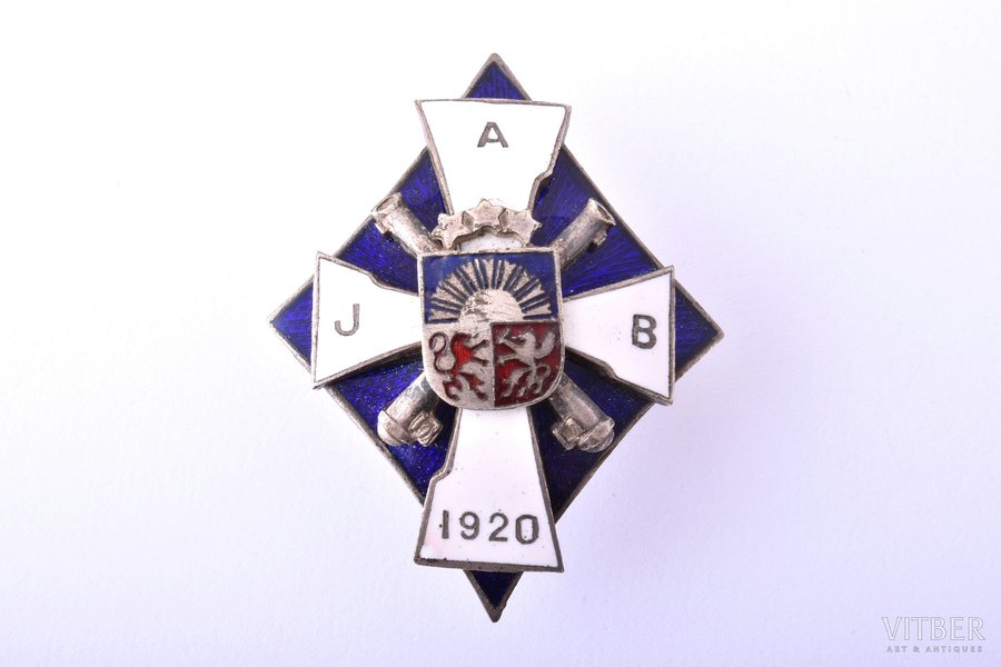 badge, Artillery Instructor Battery, silver, enamel, Latvia, 20-30ies of 20th cent., 58.1 x 46 mm, 39.95 g