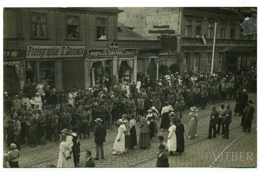 photography, Riga, Brīvības street, 6th July 1919. "Northerners" marching into Riga, Latvia, beginning of 20th cent., 17x11 cm