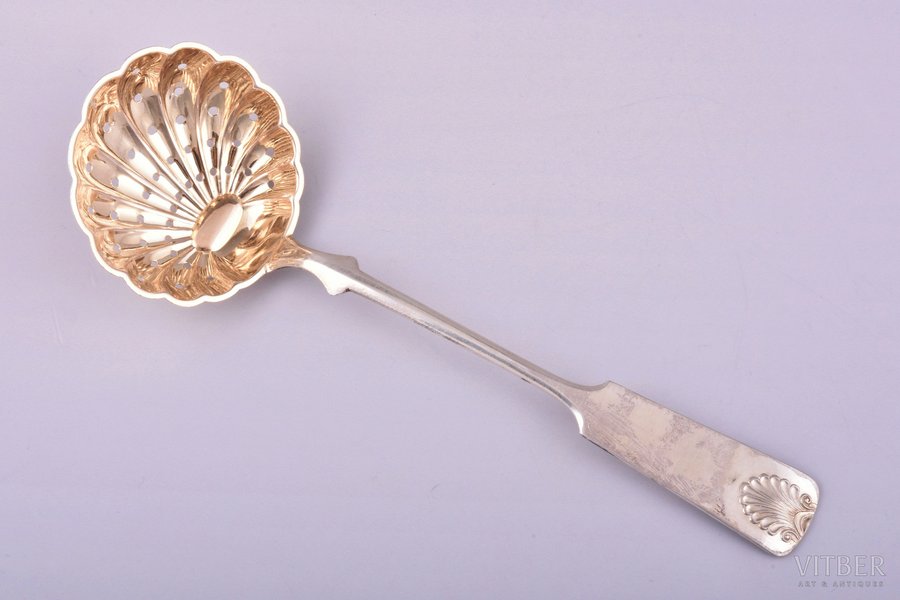 sieve spoon, silver, 830 standard, 45.05 g, gilding, 18.4 cm, 1924, Finland