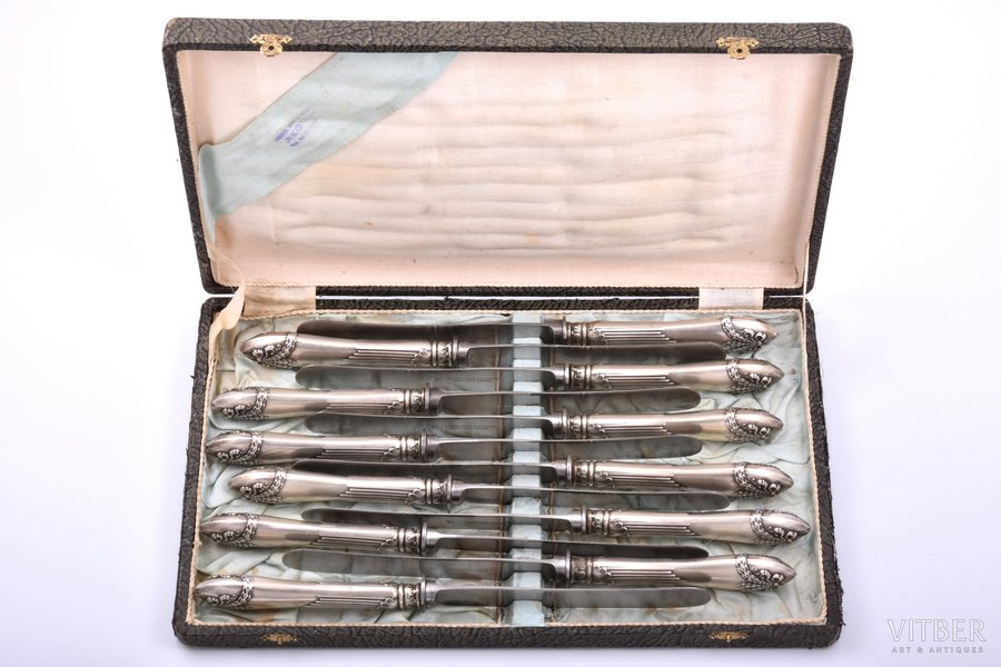 knife set, silver, 12 pcs., 84 standard, weight of one silver handle 43.7 g, weight of 12 silver handles ~ 524.4, metal, 25.3 cm, 1908-1917, Russia, in a box