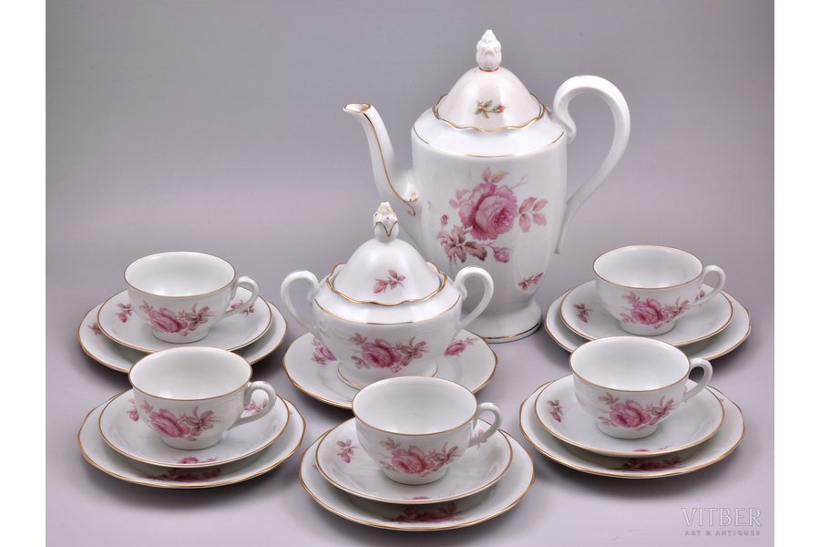 service, for 5 persons: 5 tea trio, coffeepot, sugar-bowl, porcelain, M.S. Kuznetsov manufactory, Riga (Latvia), 1934-1940, plates Ø18.4 cm, Ø15.3 cm, cup height 5.6 cm, высота кофейника 27.6 cm, third grade, lid of coffepot is matched; micro chip on the edge of one saucer and inside the coffeepot's lid