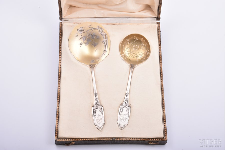 flatware set, silver, 2 items, Art Nouveau, 950 standard, 130.65 g, engraving, gilding, 23 - 20.4 cm, France, in a box