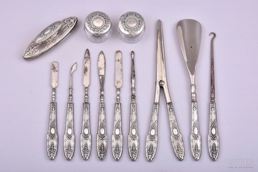 manicure set of 12 items, silver, 800 standart, metal, glass, total weight of items 317.85g, France