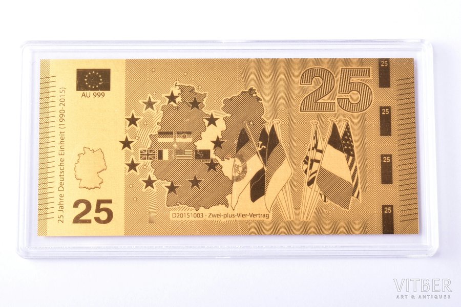 золотой слиток в форме банкноты, "Zwei-Plus-Vier-Vertrag", 2015 г., золото, Германия, 0.5 г, Ø 90 x 43 мм, с сертификатом, 999 проба