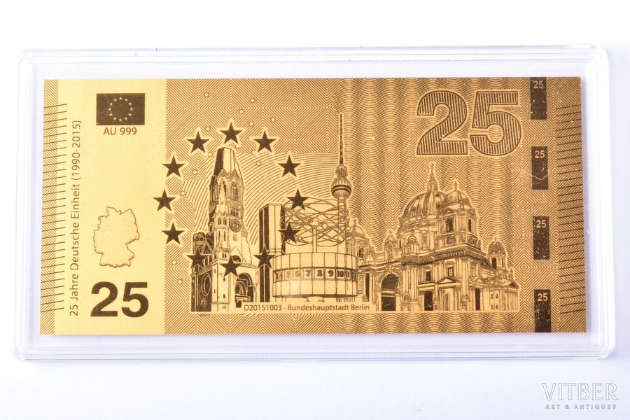 золотой слиток в форме банкноты, "Bundeshauptstadt Berlin", 2015 г., золото, Германия, 0.5 г, Ø 90 x 43 мм, с сертификатом, 999 проба