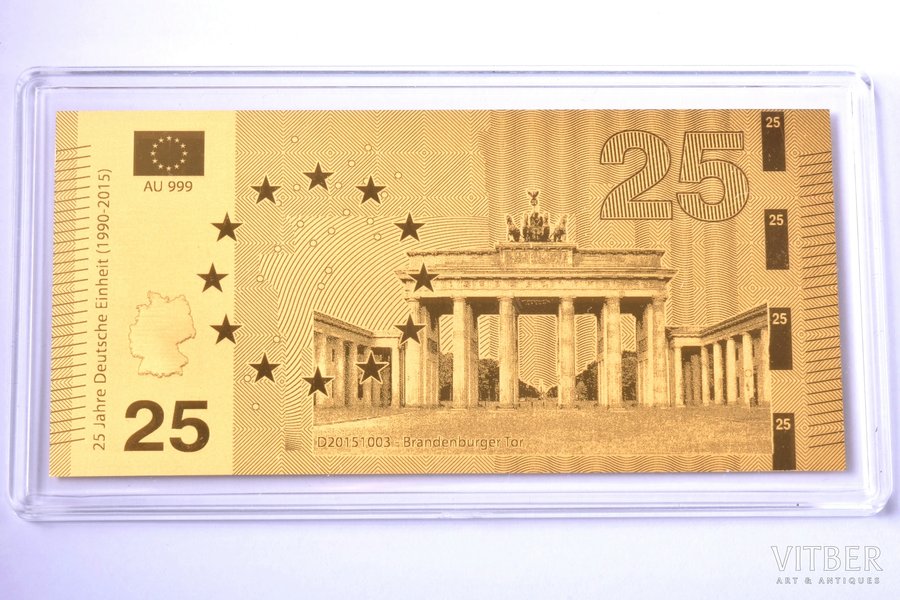 золотой слиток в форме банкноты, "Brandenburger Tor - Symbol der Einheit", 2015 г., золото, Германия, 0.5 г, Ø 90 x 43 мм, с сертификатом, 999 проба