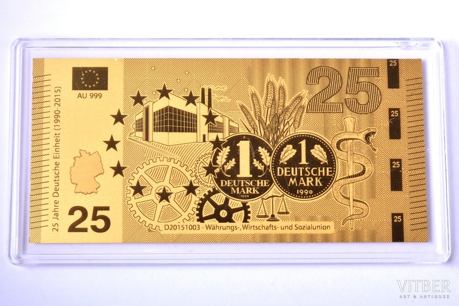 золотой слиток в форме банкноты, "Währungs-, Wirtschafts- und Sozialunion", 2015 г., золото, Германия, 0.5 г, Ø 90 x 43 мм, с сертификатом, 999 проба