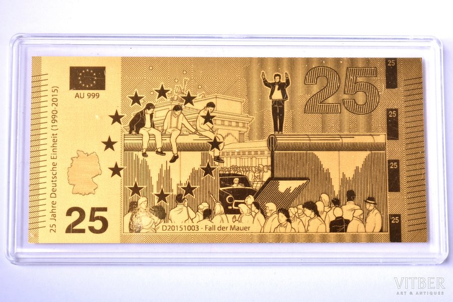 золотой слиток в форме банкноты, "Fall der Mauer", 2015 г., золото, Германия, 0.5 г, Ø 90 x 43 мм, с сертификатом, 999 проба