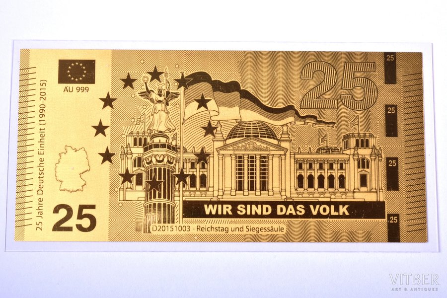 золотой слиток в форме банкноты, "Reichstag und Siegessäule - Wir Sind Das Volk", 2015 г., золото, Германия, 0.5 г, Ø 90 x 43 мм, с сертификатом, 999 проба
