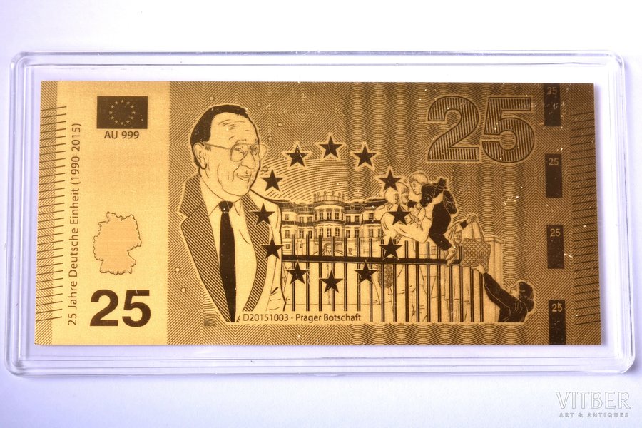 золотой слиток в форме банкноты, "Prager Botschaft", 2015 г., золото, Германия, 0.5 г, Ø 90 x 43 мм, с сертификатом, 999 проба