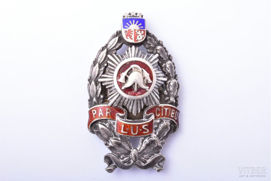 badge, LUS, For diligence (firemen badge), Latvia, 20-30ies of 20th cent., 53.7 x 31.2 mm, enamel defect