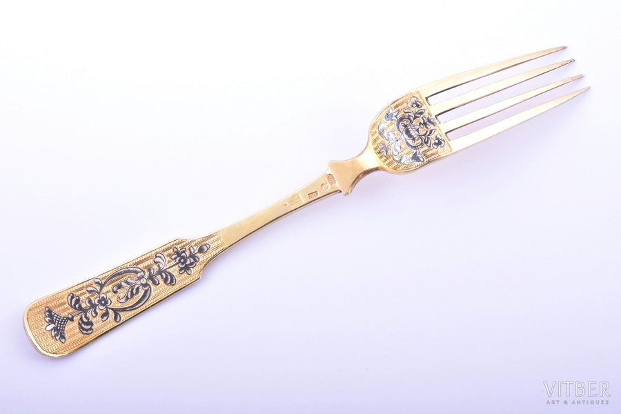 fork, silver, 84 standard, 63.80 g, engraving, niello enamel, gilding, 19.9 cm, 1837, Moscow, Russia